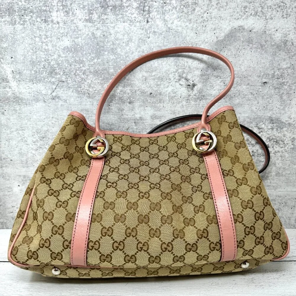 Gucci Beige GG Canvas Tote with Pink Trim and Gold Hardware
